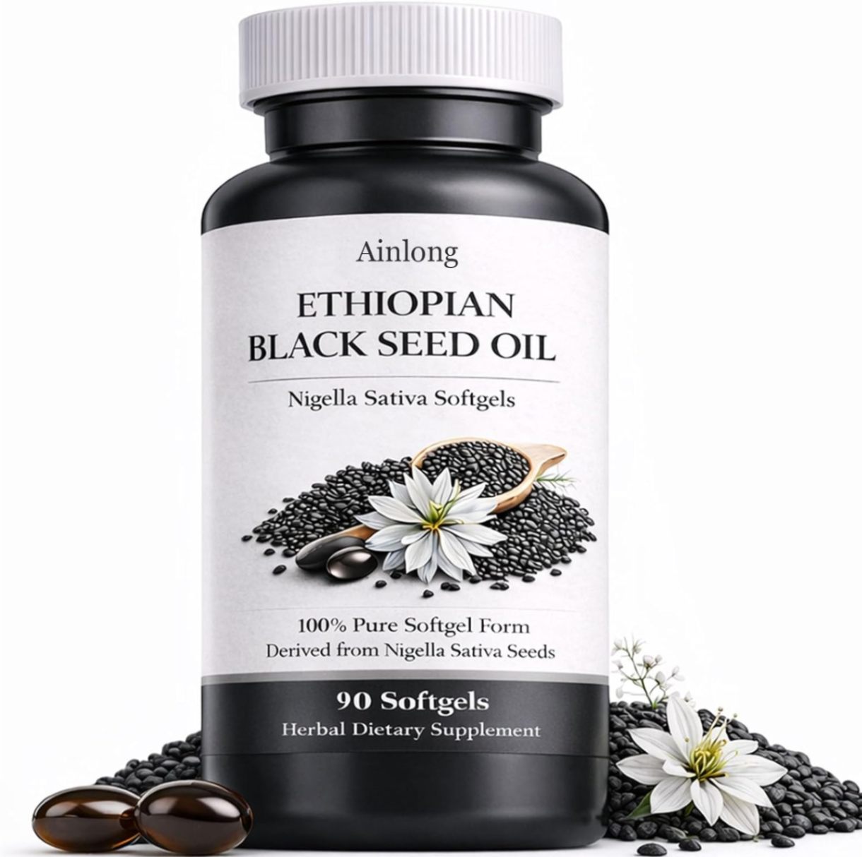 Ethiopian Black Seed Oil, 100% Pure Form, Cold Pressed Nigella Sativa Oil - 90ct (1)