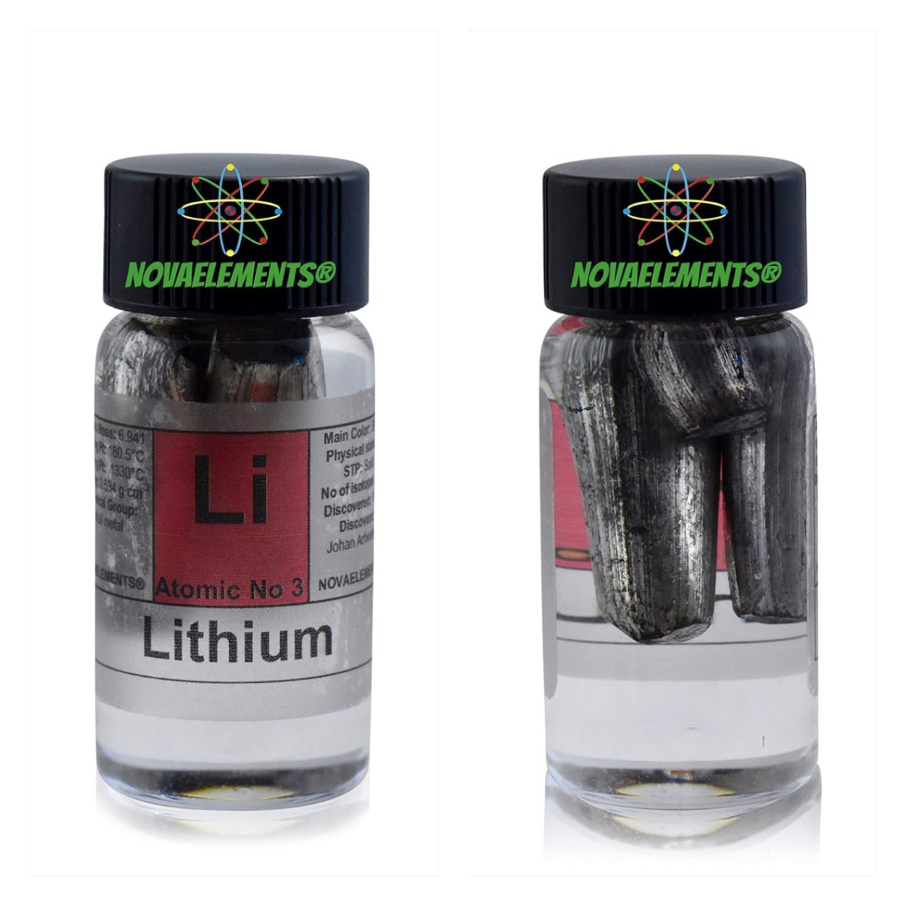 Lithium Metal Element 3 Sample Li, Pure 1 gram 99,9% Shiny mini cylinders Inside Labeled Glass Vial
