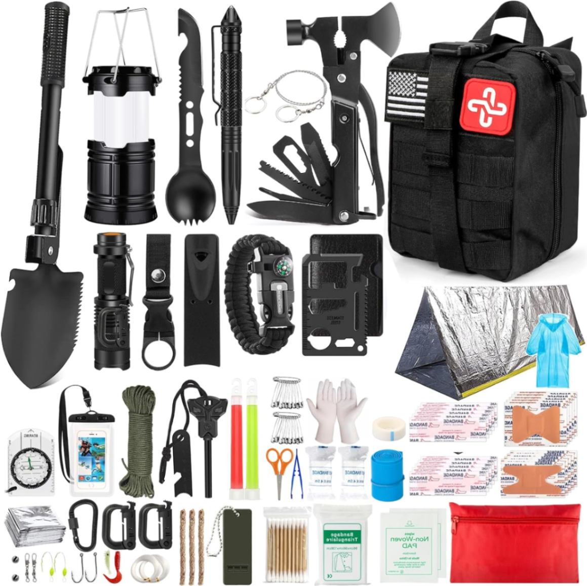 Survival Kit, Survival Gear 250Pcs with Molle System Compatible Bag and Emergency Tent, Emergency Kit for Earthquake, Outdoor Adventure, Hiking, Hunting, Gifts for Men Women