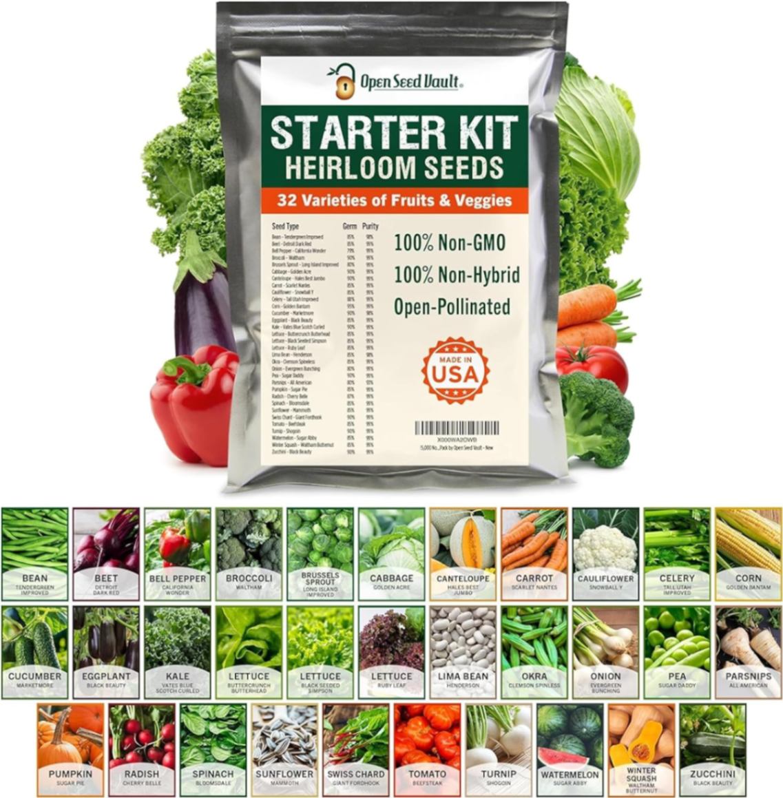 15,000+ Non-GMO Heirloom Vegetable Seeds 32 Variety Pack by Open Seed Vault