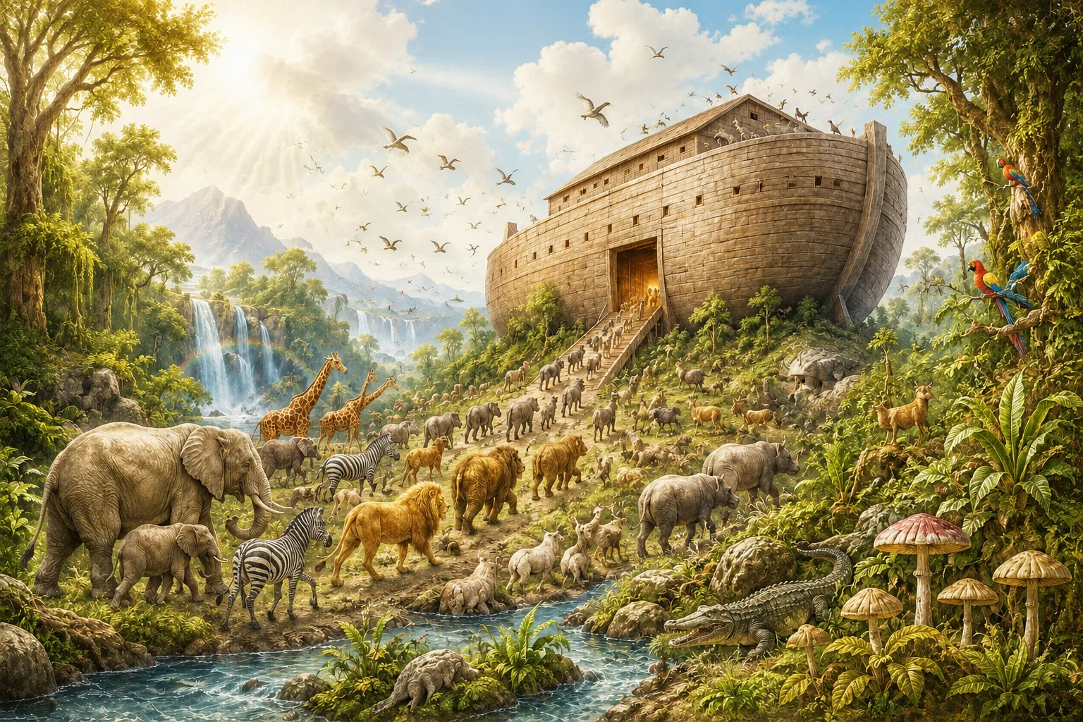 A hand-illustrated tableau of Noah's Ark with animals gathering toward it — The Arkive of Noah.